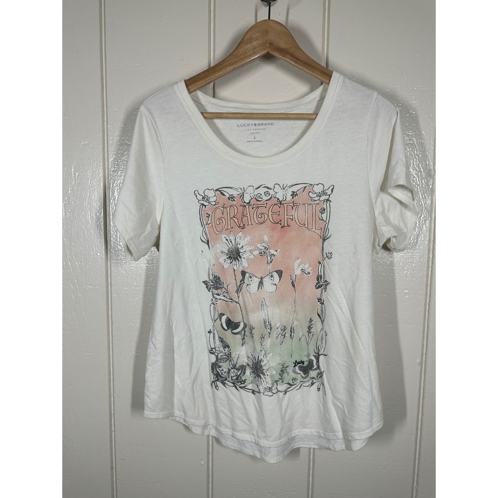 Lucky Brand Tee Womens L White Grateful Graphic Floral Butterfly Scoop Neck Top